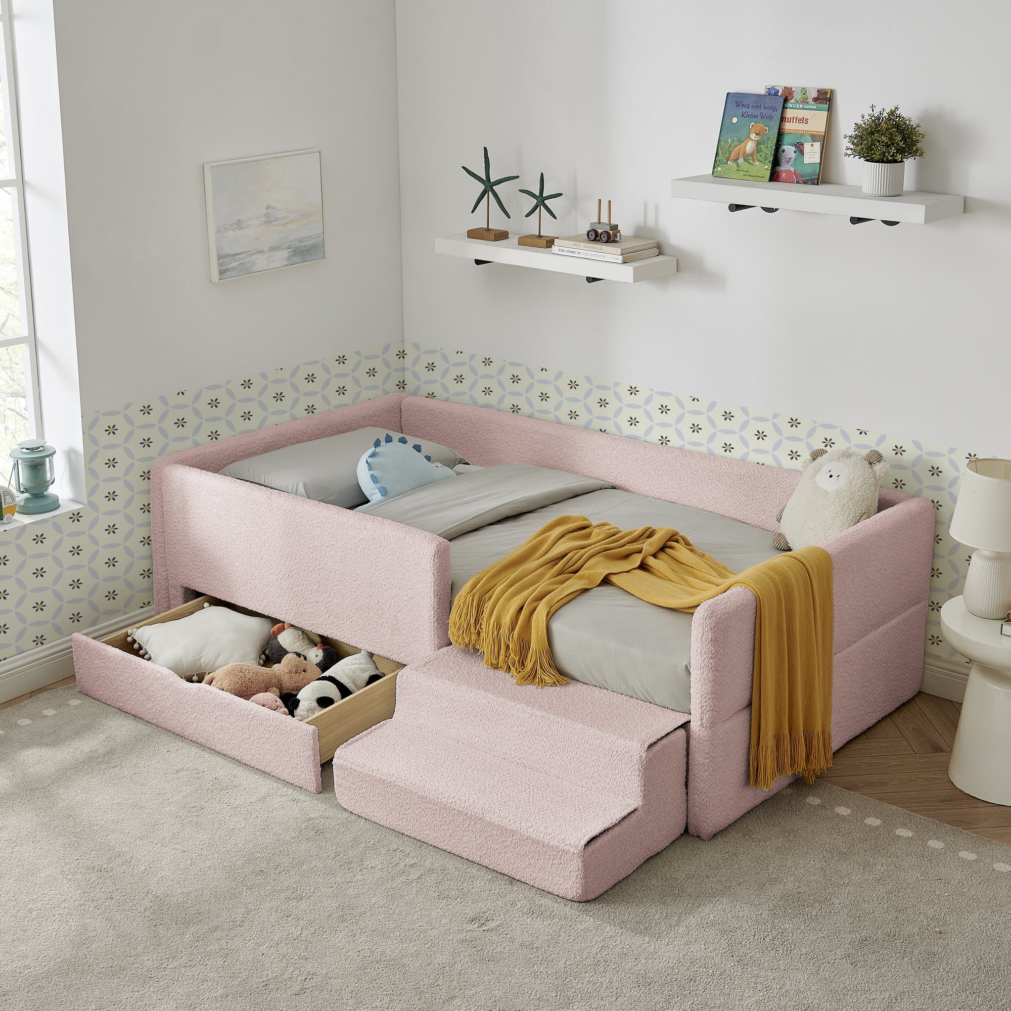 T-Joy Multi-Functional Kids Bed with Guardrails and Storage, Boucle Wooden Platform Bed with Safety Step Stool, Twin Size, Pink