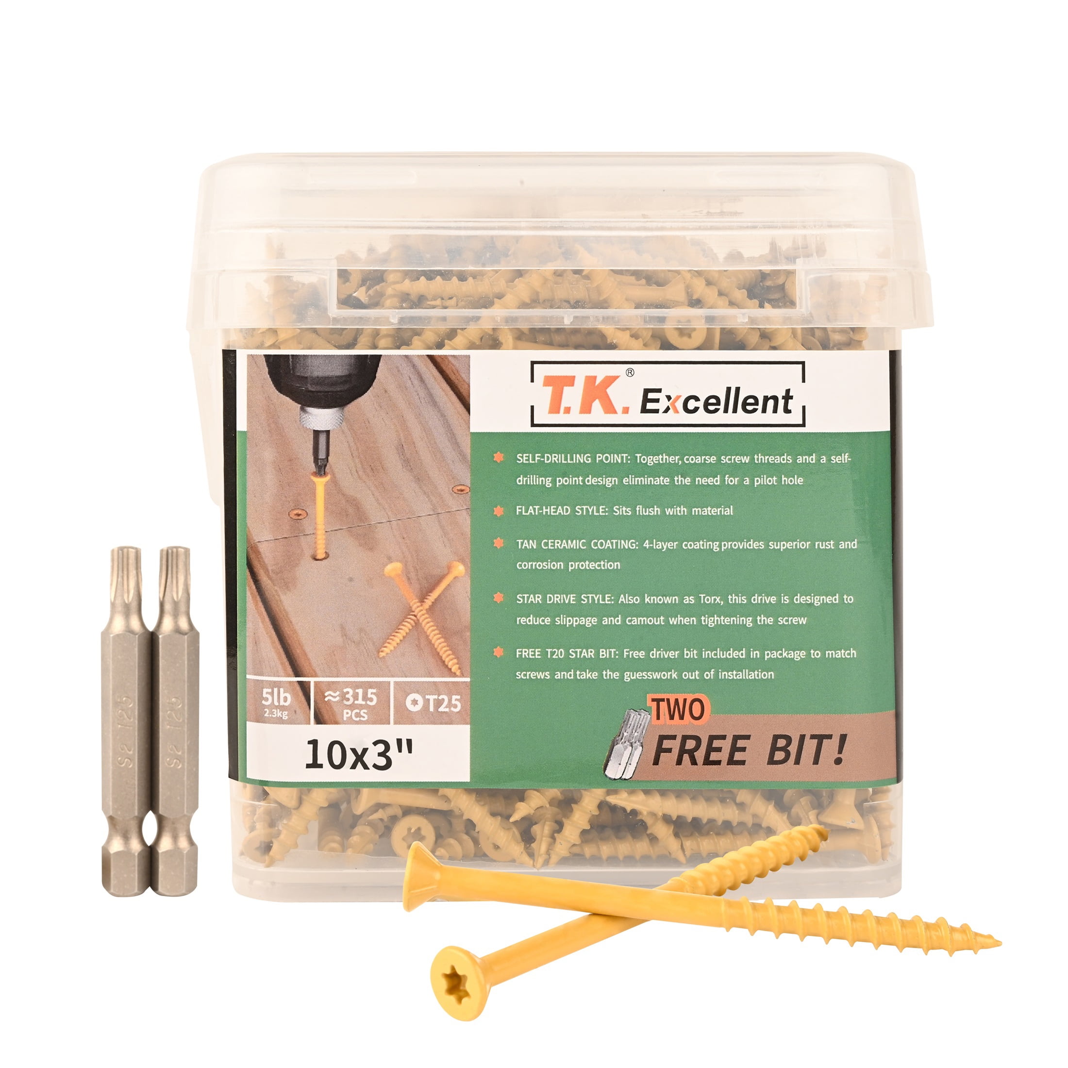 T.K.Excellent Deck Screws 3 inch Rust Resistant Wood Screw 315 Pcs Tan Exterior Fastener, 5lb Box