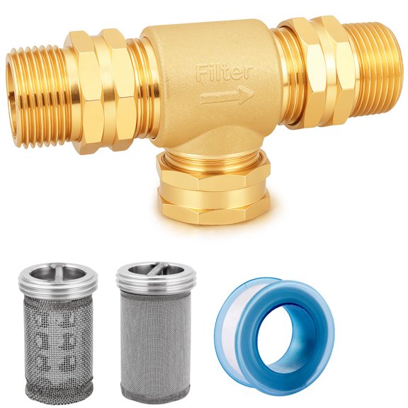 T Line Strainer Garden Hose Filter with 100 Mesh and 40 Mesh Screen and 2 PCS GHT to NPT Adapter Pressure Washer or Heater Inlet for RV Camping Car Wash On Pipe Strainer (with Cap)