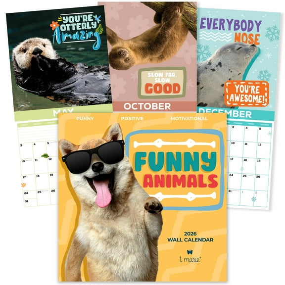 T MARIE 2026 Funny Wall Calendar - Monthly 12 x 12 Motivational Calendar with 12 Months of Funny Animal Memes and Encouraging Puns