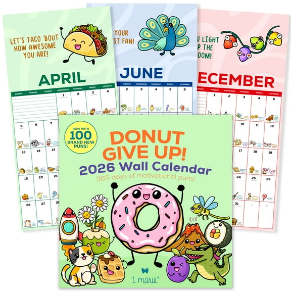 T MARIE 2026 Punny Wall Calendar - Monthly 12 x 12 Motivational Calendar with 365 Days of Cartoons and Daily Encouraging Puns