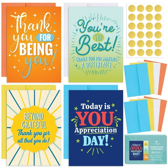 T MARIE 24 Appreciation Cards with Colorful Envelopes and Gold Stickers - Team Gifts, Teacher Gifts Bulk, Volunteer and Employee Appreciation Cards, Gratitude and Encouragement Cards