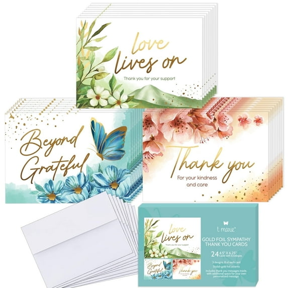 T Marie 24 Funeral Thank You Cards with Message Inside - 4.5 x 6.25 Gold Foil Watercolor Floral Bulk Sympathy Flower Thank You Cards with Words Inside