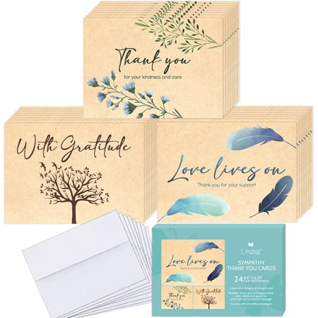 24 Funeral Thank You Cards With Message Inside - 4.5 x 6.25” Rustic Kraft Style Bulk Sympathy Thank You Cards with Words Inside - Memorial, Celebration of Life and Bereavement Thank You Notes With Env