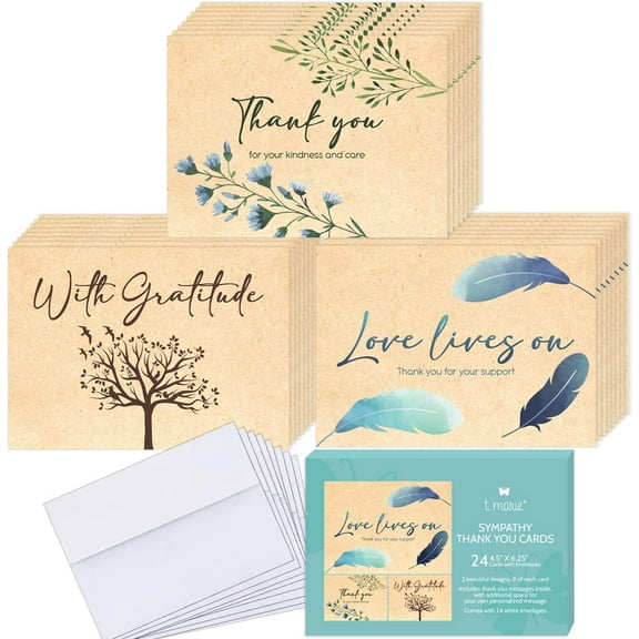 24 Funeral Thank You Cards With Message Inside - 4.5 x 6.25” Rustic Kraft Style Bulk Sympathy Thank You Cards with Words Inside - Memorial, Celebration of Life and Bereavement Thank You Notes With Env