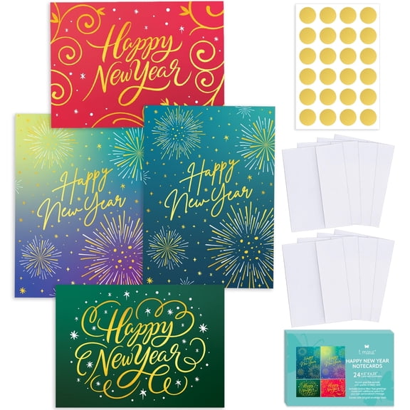 24 Happy New Year 2027 Cards Boxed With Envelopes and Gold Stickers - Gold Foil Elegant Assorted New Years Greeting Card Set 2025-2026 With Messages Inside - Bulk Winter Holiday Notecards Set