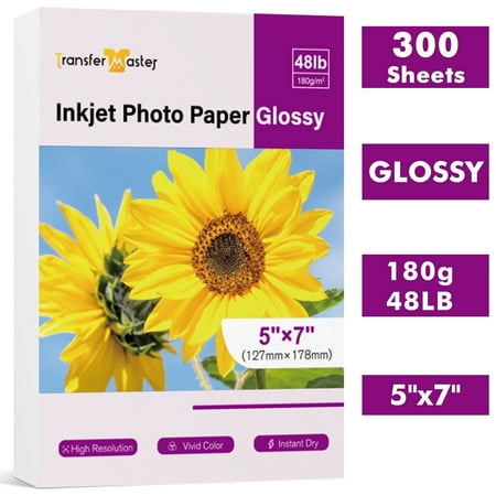 T-Master Premium Glossy Photo Paper 5x7 48lb 300 Sheets 10Mil Picture Paper for Inkjet Printers Canon,Epson,HP, Use Dye Ink