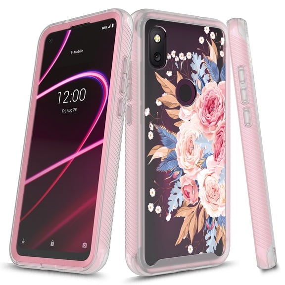 T-Mobile REVVL 4 Case, Rosebono Graphic Design Shockproof Impact Resistant Protective Full-Body Rugged Clear Hybrid Bumper Case for T-Mobile REVVL 4 (Pink Flower)