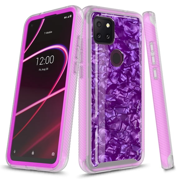 T-Mobile REVVL 5G Case, Rosebono Graphic Design Shockproof Impact Resistant Protective Full-Body Rugged Clear Hybrid Bumper Case for T-Mobile REVVL 5G (Purple Shell)