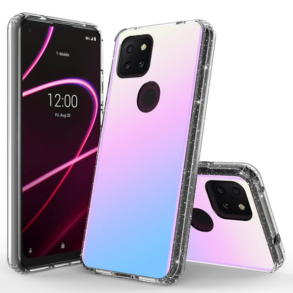 T-Mobile REVVL 5G Case, Rosebono Hybrid Bling Glitter Sparkle Laser White Ultra Transparent Fashion Cute Colorful Skin Cover Shockproof Case for T-Mobile REVVL 5G