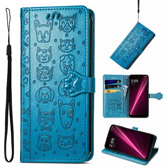 for T-Mobile REVVL V+ 5G Case, Premium PU Leather Wallet Case [Cat & Dog & Flowers Embossed] Card Slots Kickstand Magnetic Closure Flip Case Cover for T-Mobile REVVL V+ 5G, Blue