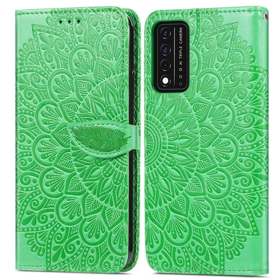 T-Mobile REVVL V+ 5G Wallet Case, Flower Embossed Design Premium PU Leather Magnetic Flip Protective Phone Case Cover Women Girls with Card Slots Stand for T-Mobile REVVL V Plus 5G, Green