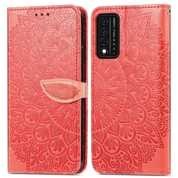 T-Mobile REVVL V+ 5G Wallet Case, Flower Embossed Design Premium PU Leather Magnetic Flip Protective Phone Case Cover Women Girls with Card Slots Stand for T-Mobile REVVL V Plus 5G, Red