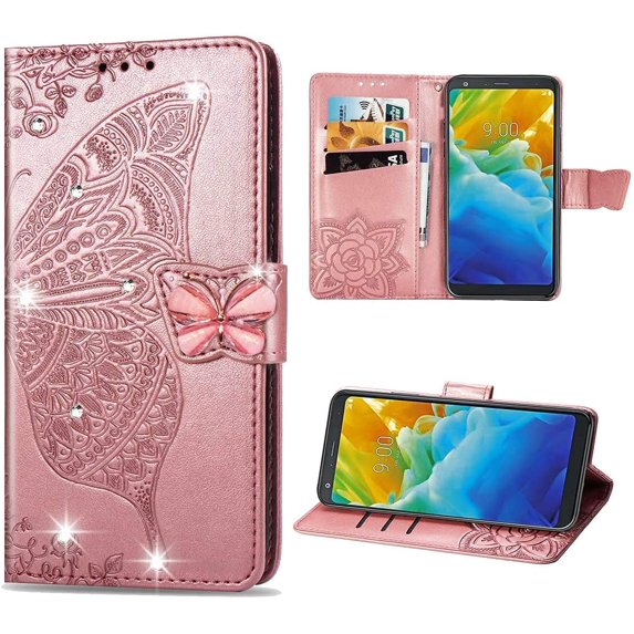 T-Mobile REVVL V Plus Wallet Case, Mantto Bling Butterfly Flower PU Leather Flip Phone Cover Credit Cards Slot Shockproof Protective Kickstand Case for T-Mobile REVVL V Plus, Rosegold