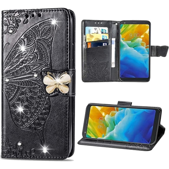 T-Mobile REVVL V Plus Wallet Case, Mantto Bling Butterfly Flower PU Leather Flip Phone Cover Credit Cards Slot Shockproof Protective Kickstand Case for T-Mobile REVVL V Plus, Black