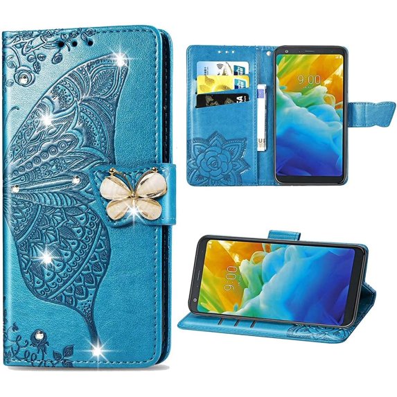 T-Mobile REVVL V Plus Wallet Case, Mantto Bling Butterfly Flower PU Leather Flip Phone Cover Credit Cards Slot Shockproof Protective Kickstand Case for T-Mobile REVVL V Plus, Blue