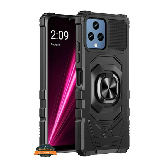 For T-Mobile Revvl 6 5G Hybrid Magnetic Car Mount 360° Rotating Ring Kickstand Stand Holder Armor [Military Grade] Phone Case Cover by Xpression - Black