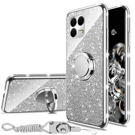 for T-Mobile Revvl 8 Pro 5G Case with Ring Kickstand Lanyard Shockproof Protection Phone Case Cute Soft TPU Glitter Cover for Girls Women Men - Silver
