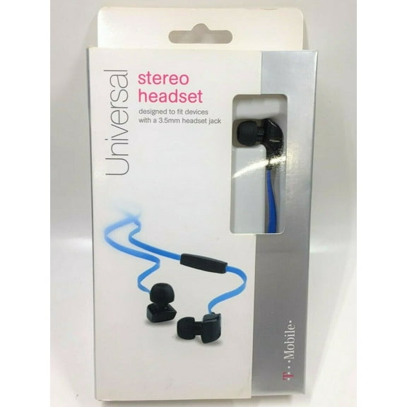 T-Mobile Stereo Headset 3.5mm W/ Mic - Flat Cable Headphones - Blue & Black