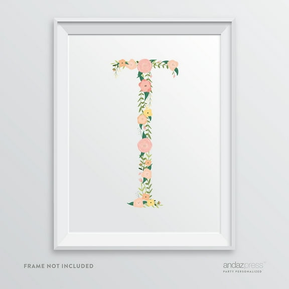T Monogram Wall Art Letters, Coral Floral Roses