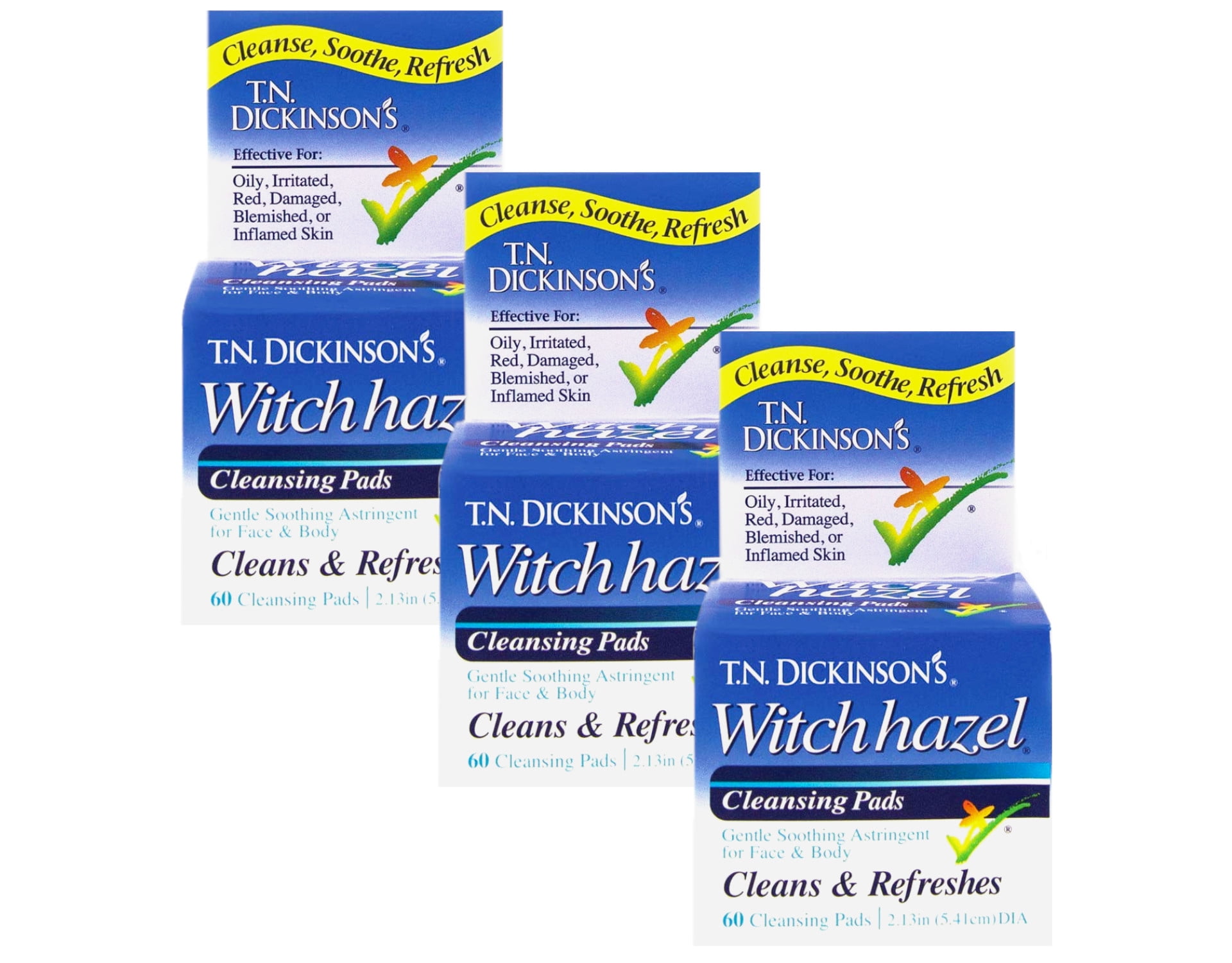 T.N. Dickinson's Witch Hazel Astringent Cleansing Pads For Face & Body, 60 Count - Pack of 3