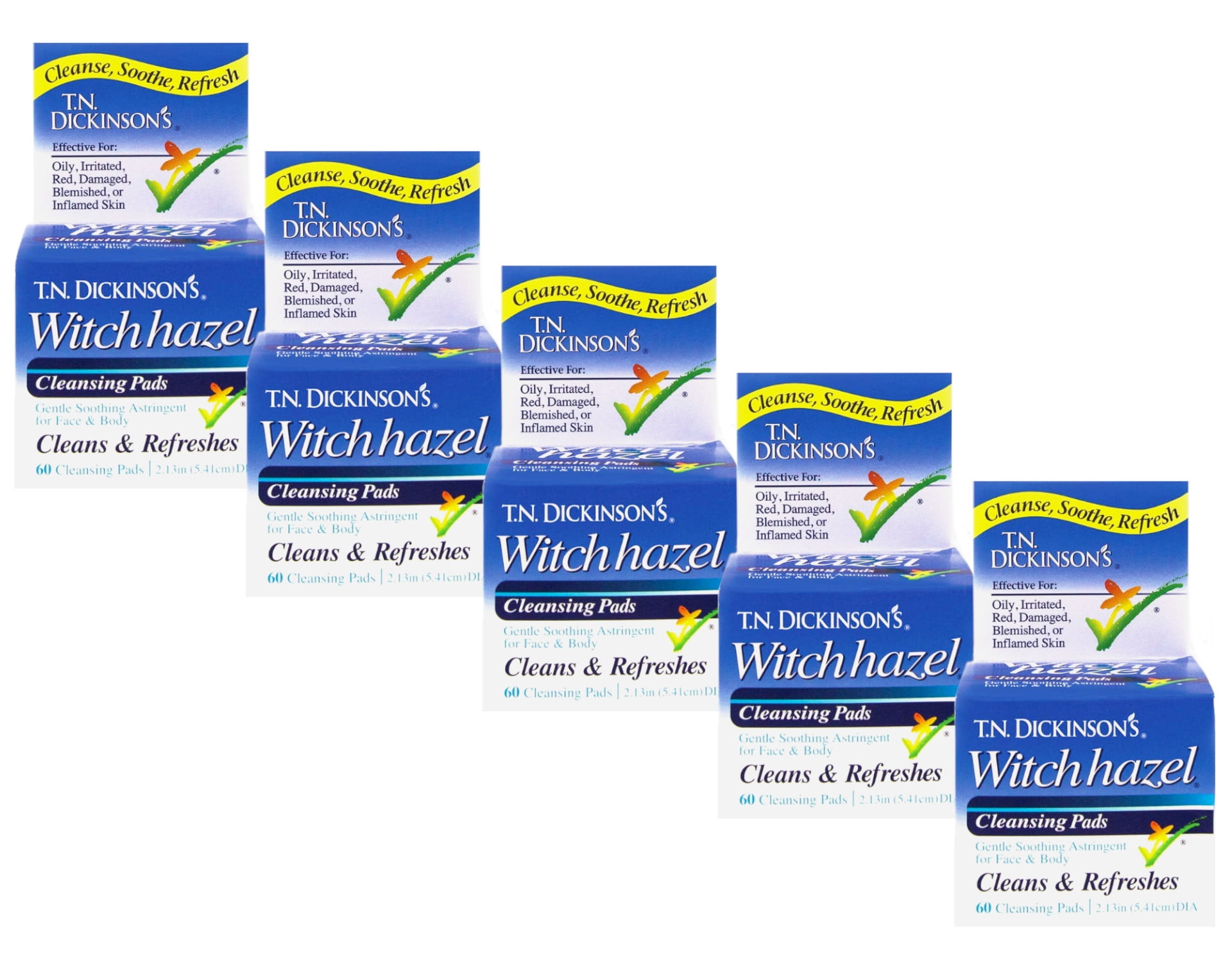T.N. Dickinson's Witch Hazel Astringent Cleansing Pads For Face & Body, 60 Count - Pack of 5