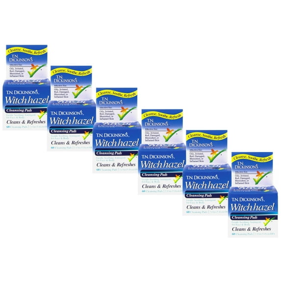 T.N. Dickinson's Witch Hazel Astringent Cleansing Pads For Face & Body, 60 Count - Pack of 6
