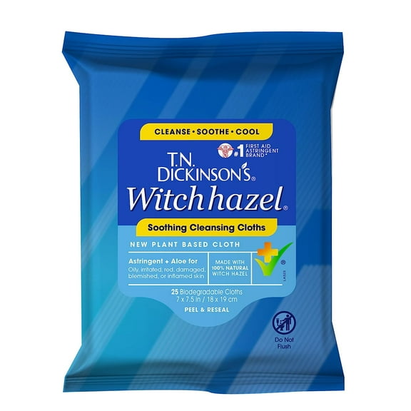 T.N.Dickinson's Witch Hazel New Soothing MultiUse Cleansing Cloth, Clear, 25 Count