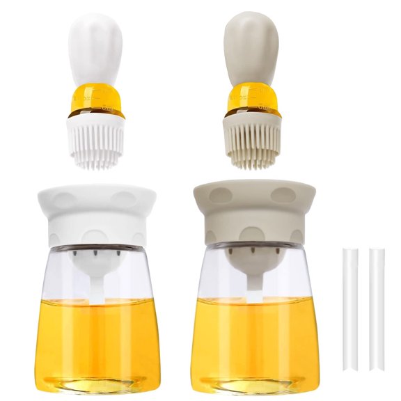 T Oil Dispenser with Brush - 2 Pack 2022 Glass Olive Oil Dispenser Bottle for Kitchen with Silicone Basting Brush BBQ Grilling Baking Cooking, T-OB22, Grey+White ..