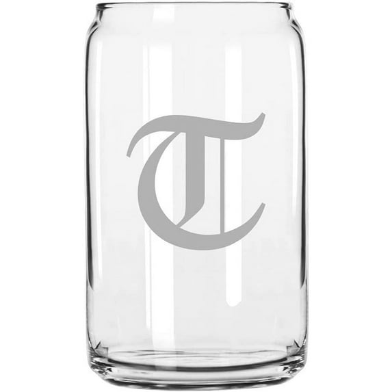 T Old English Monogrammed Etched 16oz Libbey Can Glass