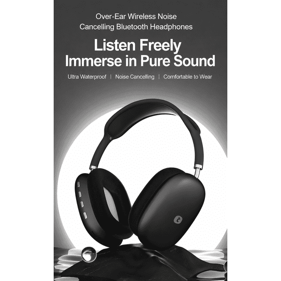T Wireless Over Ear Noise Cancelling Headphones, 120 Hour Playtime, Waterproof, Deep Bass, Comfortable Fit for Travel and Home, Black