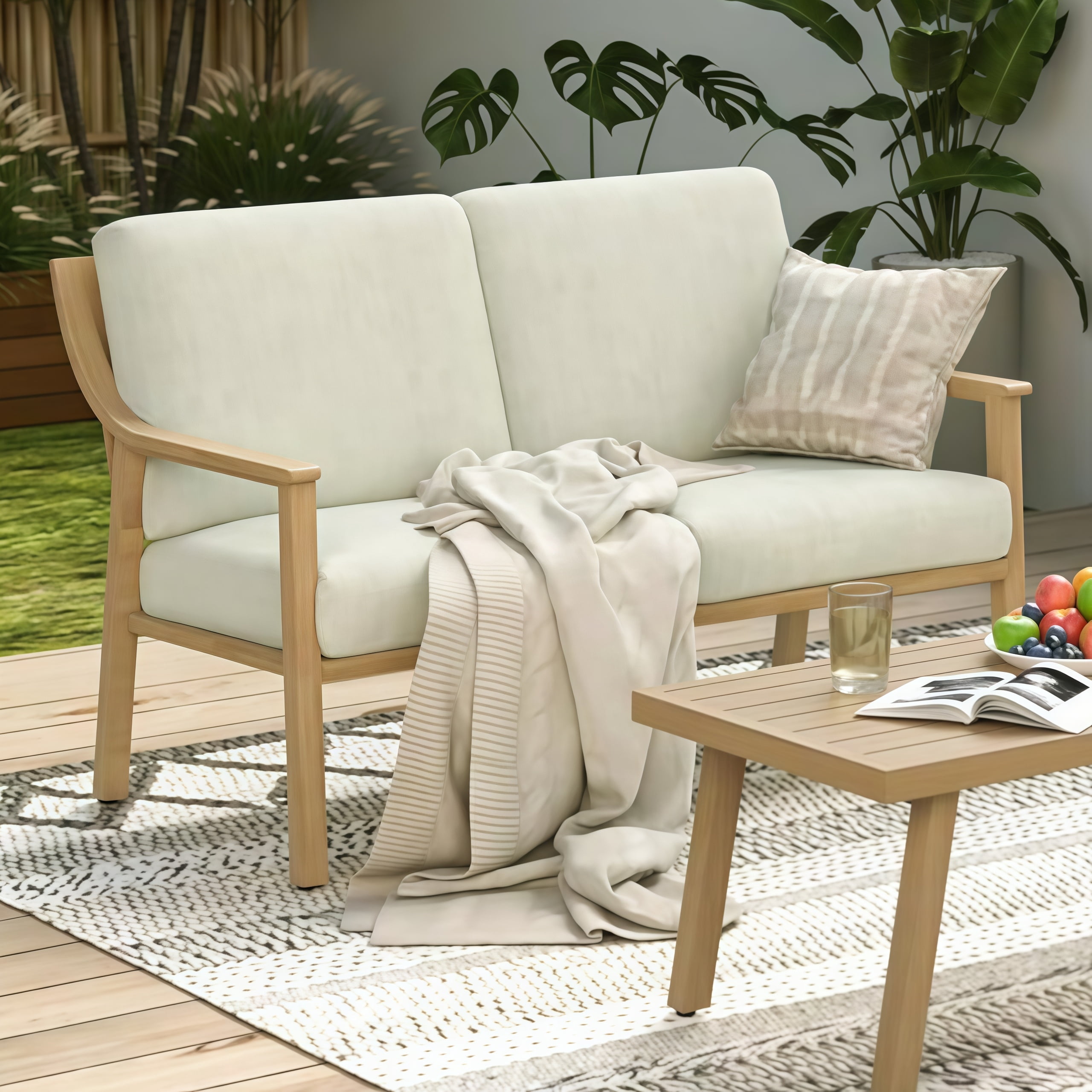 T-Patio Aluminum Outdoor Loveseat, All Weather Patio 2-Seater Sofa, Beige, Set of 1