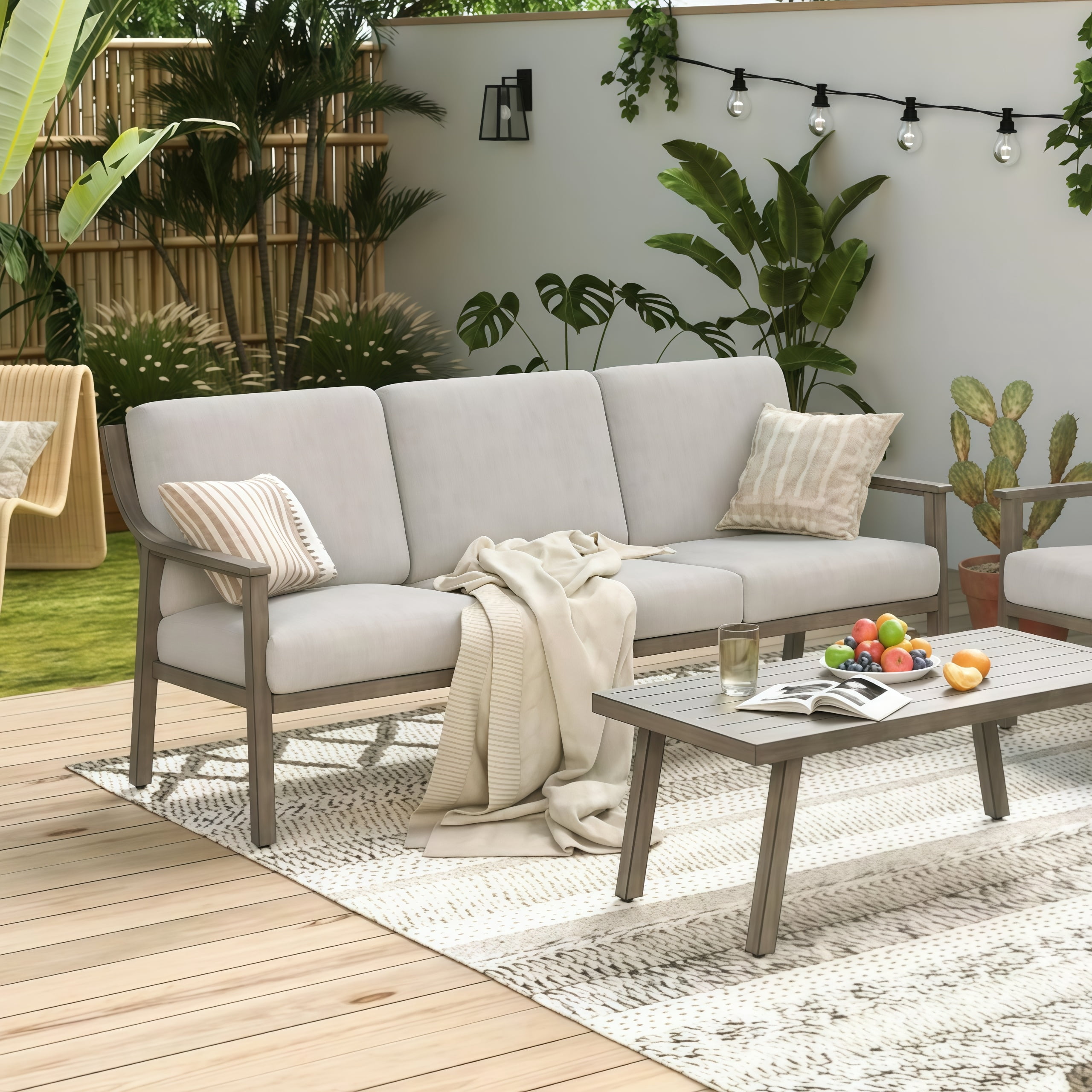 T-Patio Aluminum Outdoor Sofa, All Weather Patio 3-Seater Sofa, Grey, Set of 1