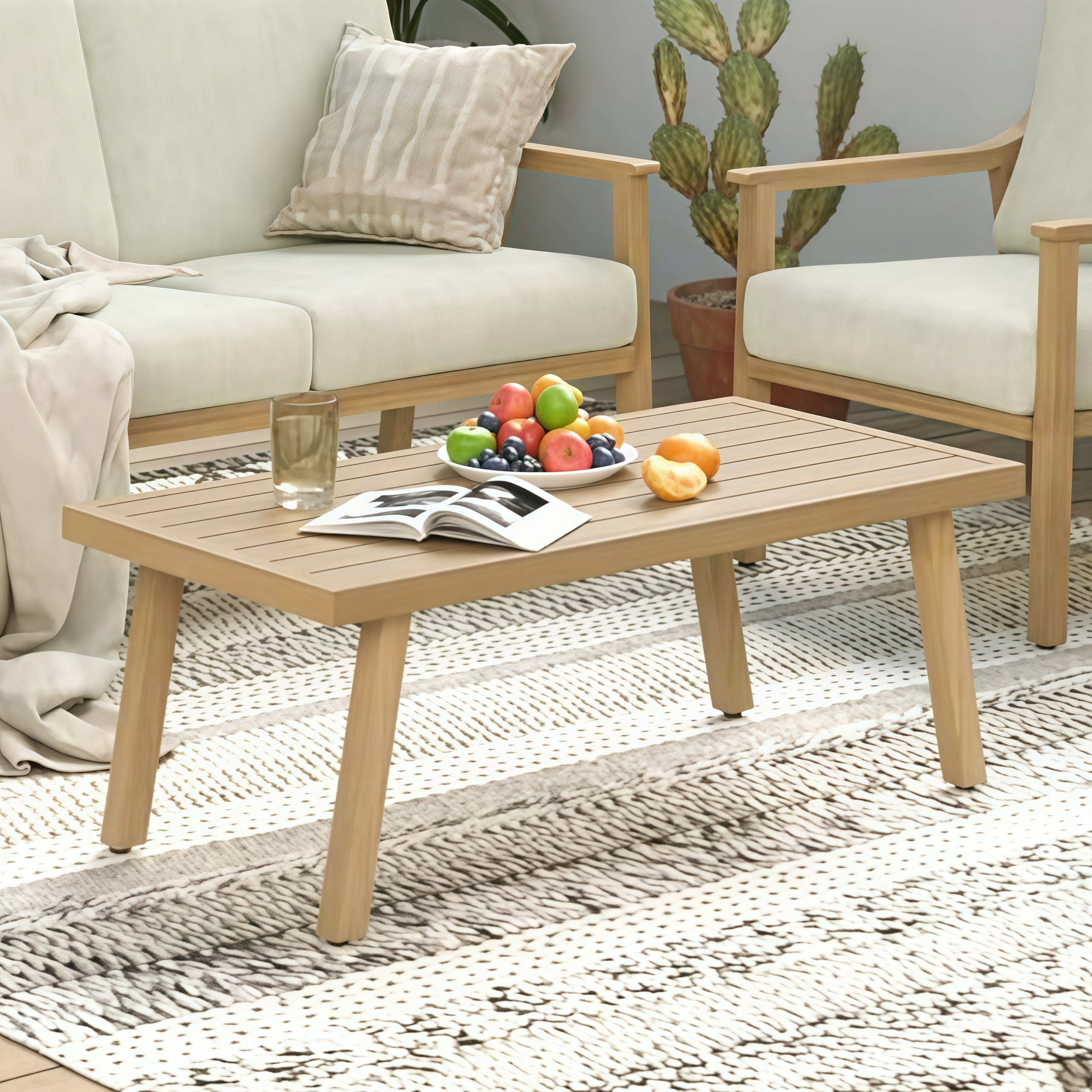 T-Patio Rectangle Outdoor Coffee Table, Aluminum Modern Accent Coffee Table, Beige, Set of 1