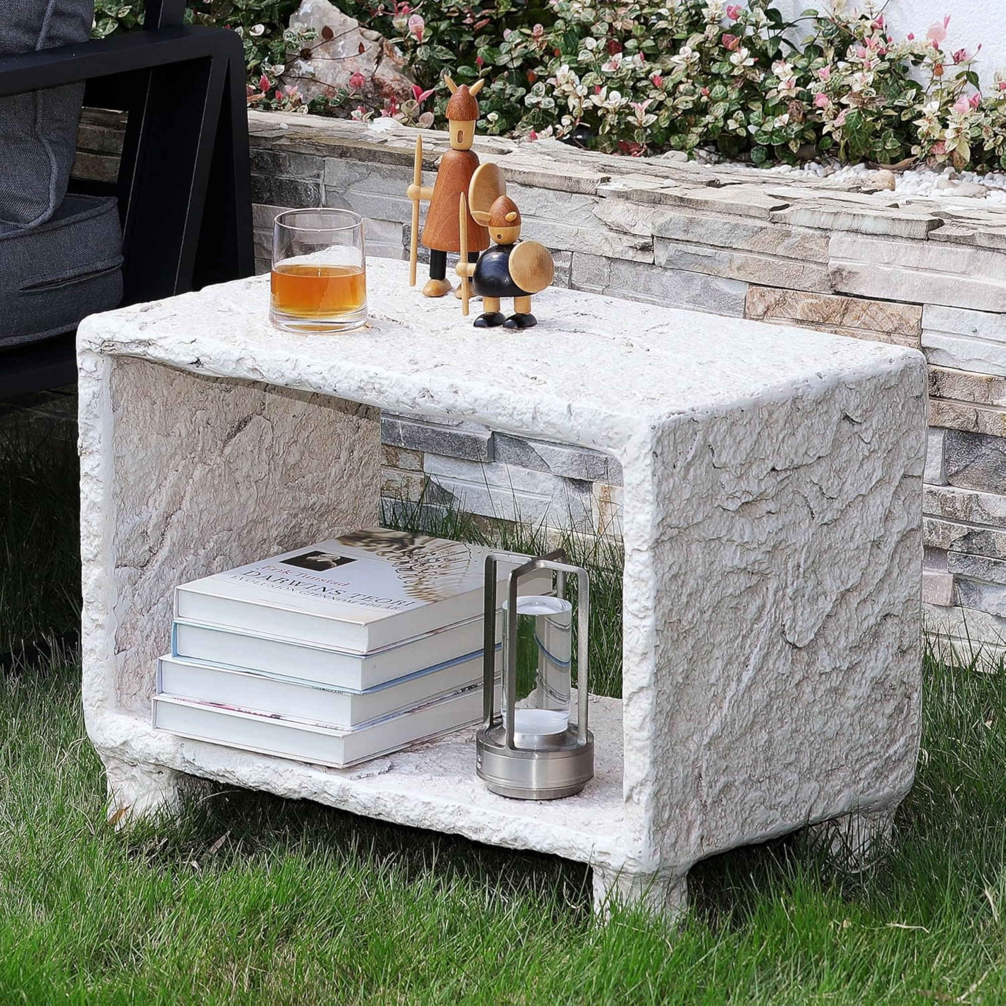 T-Patio Rectangle Outdoor End Table with Open Storage, Decorative MGO Classic Side Table, Beige, Set of 1