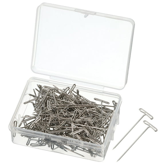 T Pins, 200 Pack 1.25 Inch - Nickel Plated Steel Wire Wig T-pins with Plastic Box for Blocking Knitting (Silver)