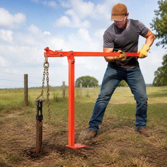 T Post Puller, with puller plate and 47 in lifting chain, heavy duty, for round fence posts, sign posts, tree stumps