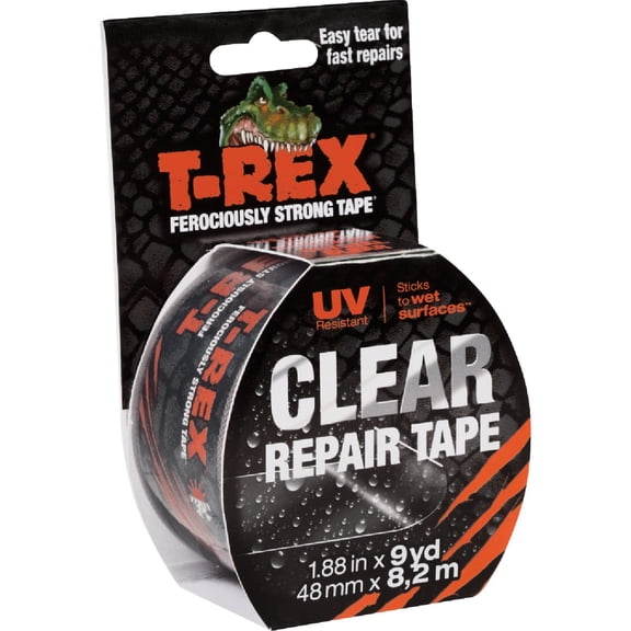 T-REX Ferociously Strong Repair Tape, Sticks to Wet Surfaces, All Weather and UV Resistant, 1.88" x 9 Yards, Clear, 2-Roll
