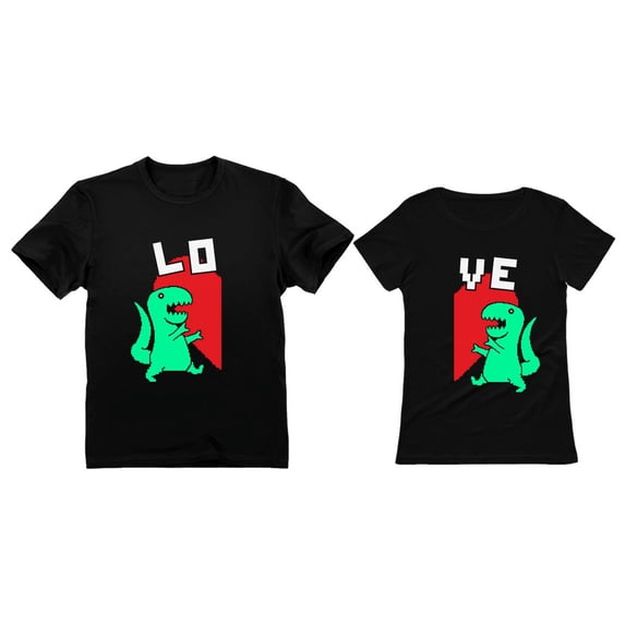 T-REX LOVE His & Hers Valentine's Day Heart LO-VE Matching Couples T-Shirts LO Black Small / VE Black Small
