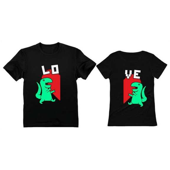 T-REX LOVE His & Hers Valentine's Day Heart LO-VE Matching Couples T-Shirts LO Black Small / VE Black XX-Large