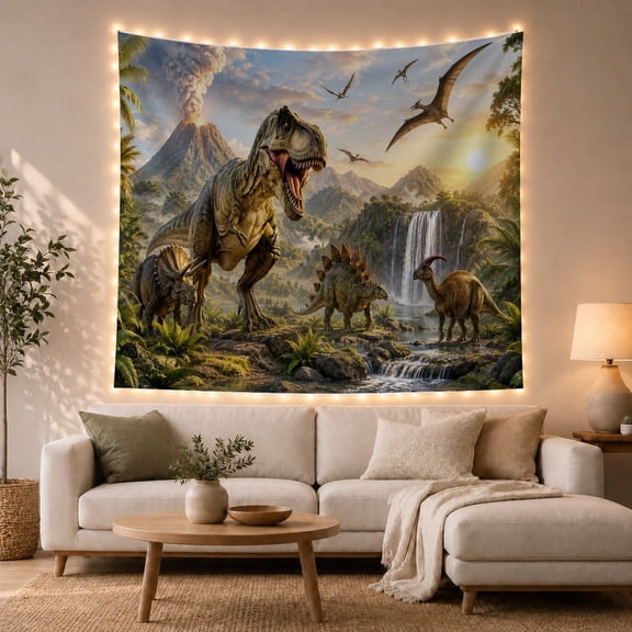 T Rex Beside Volcano and Flying Dinosaurs, Dramatic Fantasy Style for Dinosaur Lovers, Prehistoric Wall Art, Birthday Gift, Tapestry Wall Hanging for Playroom and Bedroom