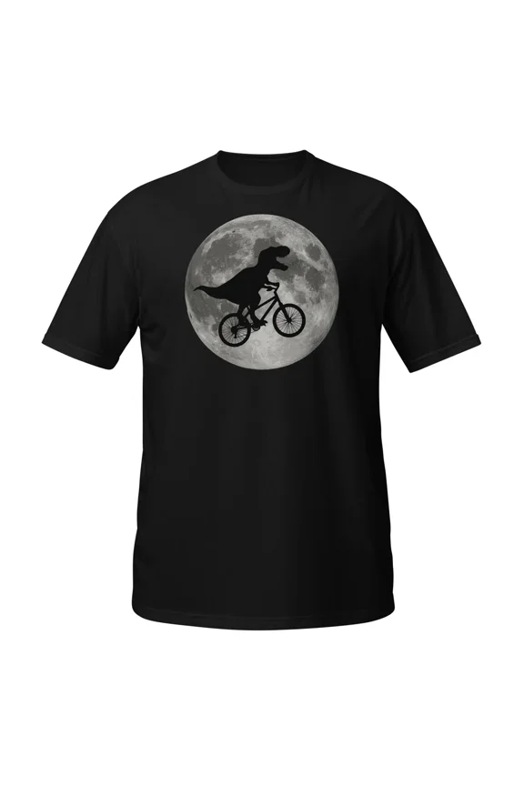 T Rex Bicycle Moon Funny Dinosaur Silhouette Graphic Short Sleeve Unisex T-Shirt, up to Size 5XL