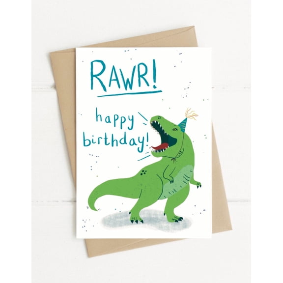 T-Rex Birthday Card  RAWR! Happy Birthday!  Fun and Colorful Design  Envelope Included  Perfect for Kids and Dinosaur Lovers