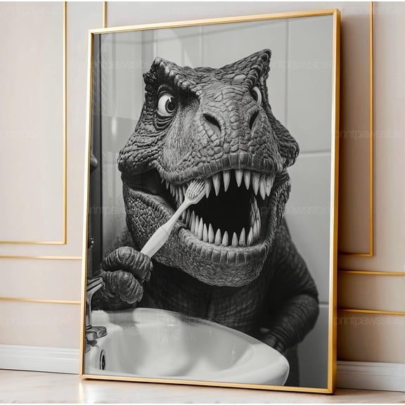 T-Rex Brushing Teeth Wall Art Dino Bathroom Print Black White Dinosaur Art Print Unframed Paper Print