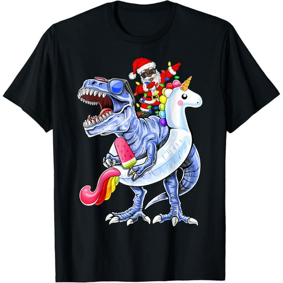 T Rex Christmas in July African American Santa claus Summer T-Shirt TShirt