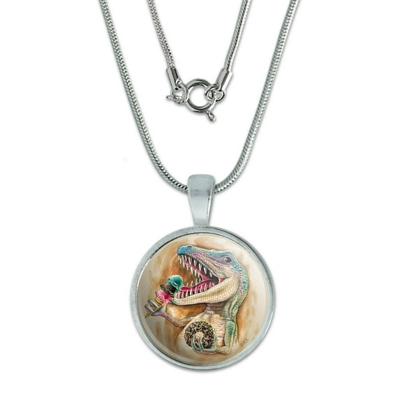 T-Rex Dinosaur Donut Ice Cream Funny Jurassic Junkie 0.75" Pendant with Sterling Silver Plated Chain