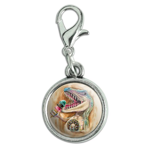 T-Rex Dinosaur Donut Ice Cream Funny Jurassic Junkie Antiqued Bracelet Pendant Zipper Pull Charm with Lobster Clasp