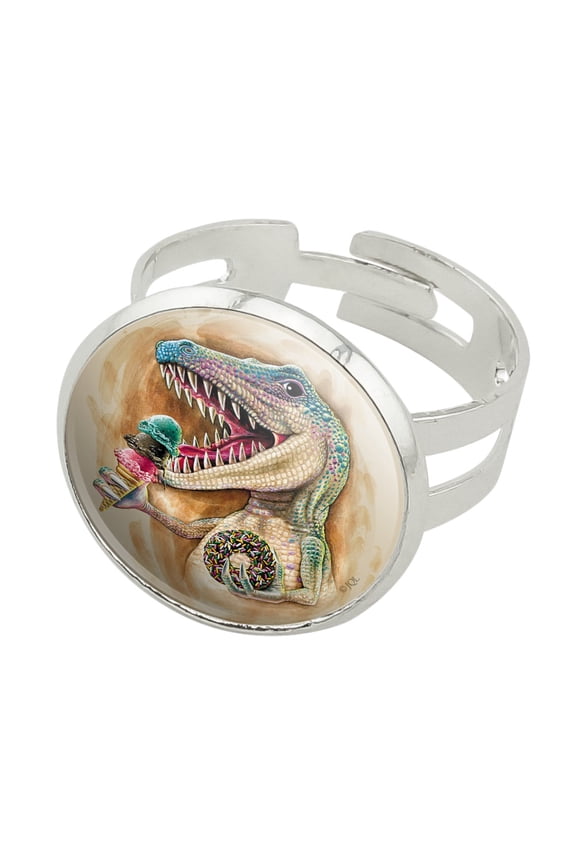 T-Rex Dinosaur Donut Ice Cream Funny Jurassic Junkie Silver Plated Adjustable Novelty Ring