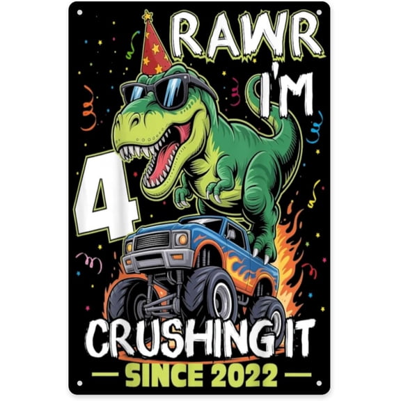 T Rex Dinosaur Fourth Birthday Vintage Metal Tin Wall Sign 8x12 Inch Distressed Farmhouse Style Plaque for Office or Living Room Decor