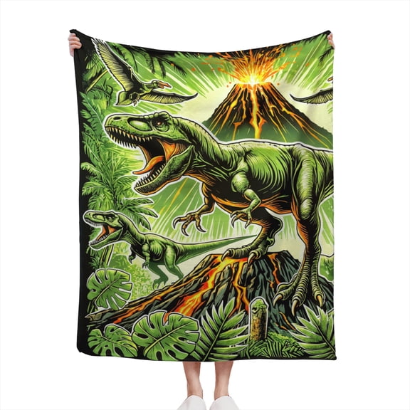 T Rex Dinosaurs & Volcanoes, T-Rex Dino Nature Lovers Design Gift Lightweight Cozy Soft Flannel Throw Blanket 50x60 inches for Couch, Bed, Living Room, and Travel